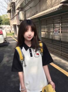 小学生日系可爱KT猫印花polo衫女学生宽松翻领短袖上衣休闲百搭
