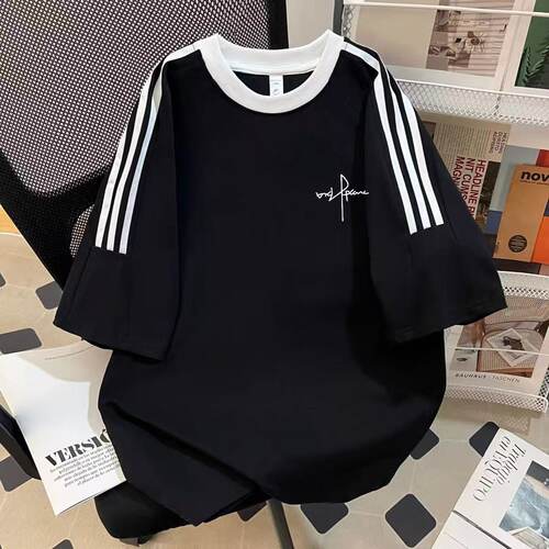 小学生新品个性签名三条杠夏季薄款透气凉爽短袖T恤衫纯棉吸汗