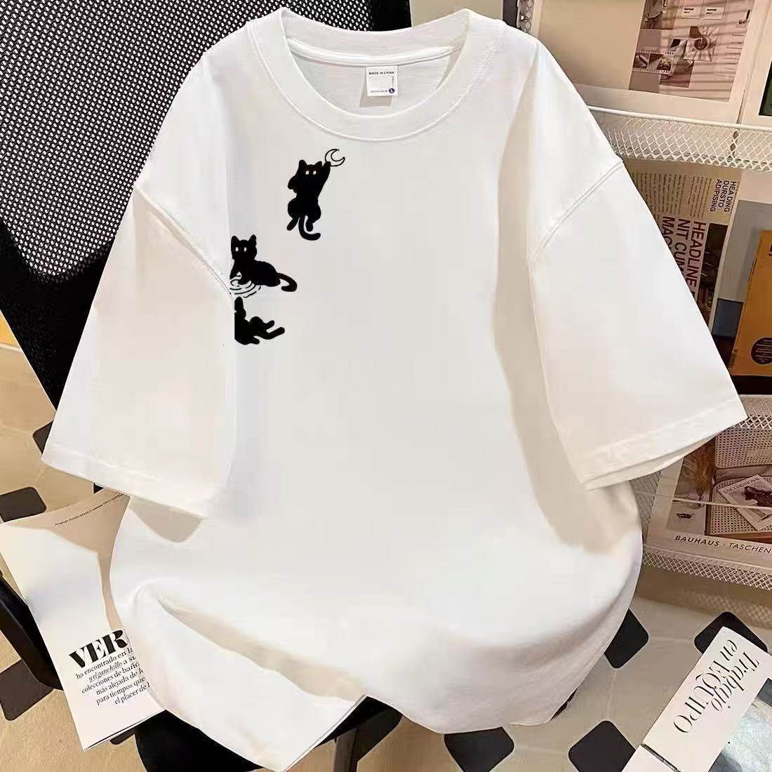 童话故事猫咪揽月印花女童圆领宽松百搭薄款纯棉短袖透气T恤,童装/婴儿装/亲子装,T恤,淘宝优惠券,粉丝福利购,淘宝优惠卷