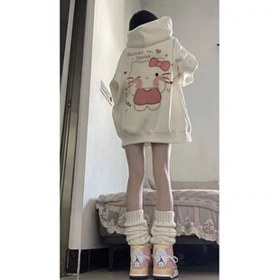 初高中生慵懒秋冬女生卖萌KT猫两面印花连帽带兜运动百搭卫衣