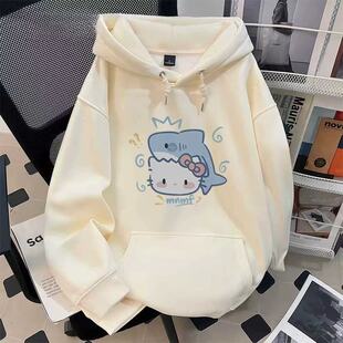 大童慵懒秋冬初高中女生鲨鱼啃Kitty头印花连帽带兜运动百搭卫衣