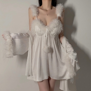 性感睡衣女纯欲羽毛冰丝吊带睡裙带胸垫高级感大码 夏季 丝绸家居服