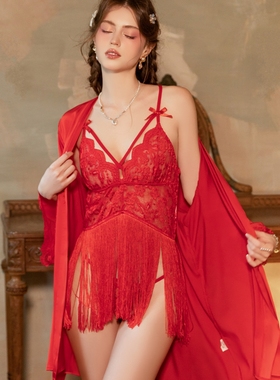 纯欲风性感红色睡衣女结婚本命年蕾丝吊带睡裙家居服睡袍两件套装