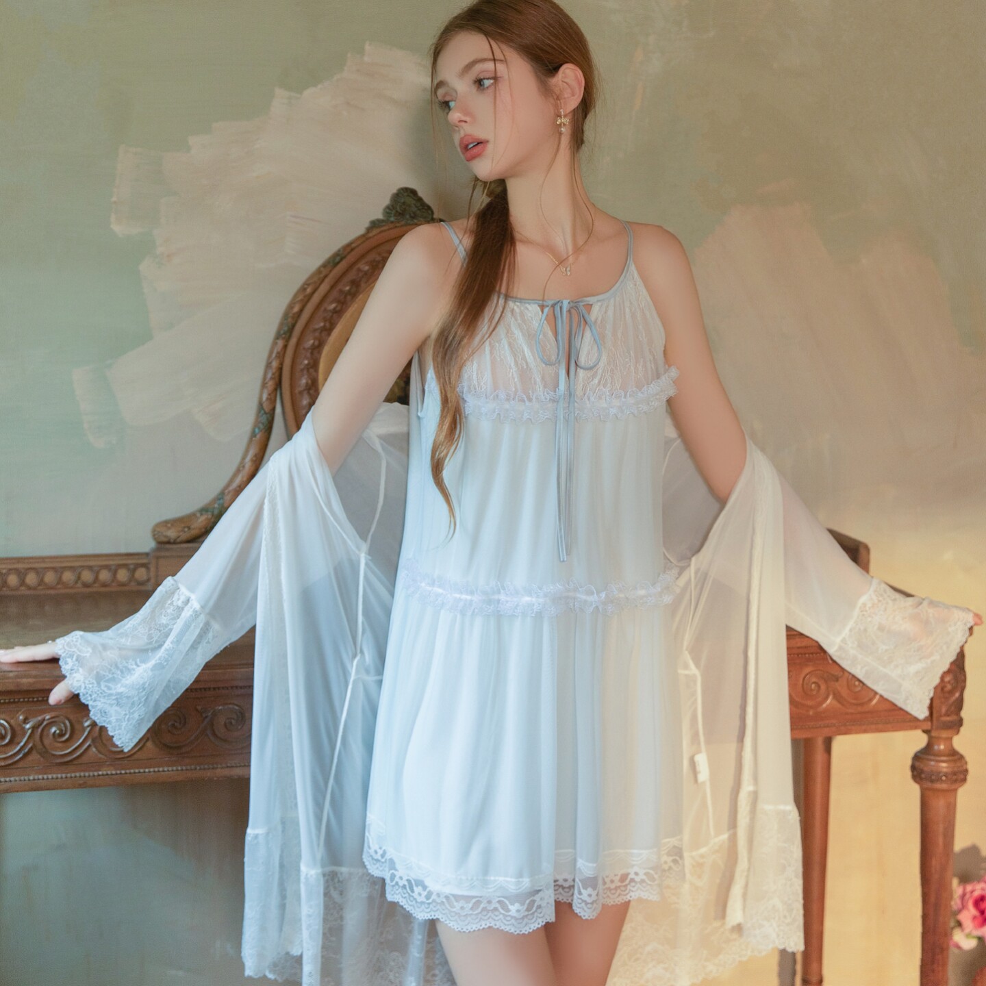 甜美性感睡衣女纯欲网纱蕾丝吊带睡裙睡袍两件套装薄款宽松家居服