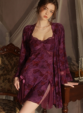 紫色性感睡衣女带胸垫聚拢冰丝吊带睡裙睡袍两件套装高级感家居服