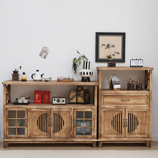 新中式茶水柜客厅餐边柜实木茶具收纳柜复古斗柜带门玄关柜墙边柜