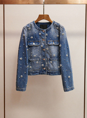 M家春季新款时尚洋气显瘦重工花朵钉珠短款外套+直筒裤牛仔套装女