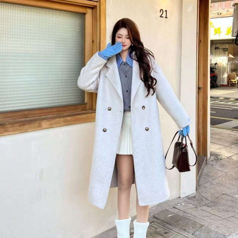 秋冬老钱风双排扣长款毛呢大衣女