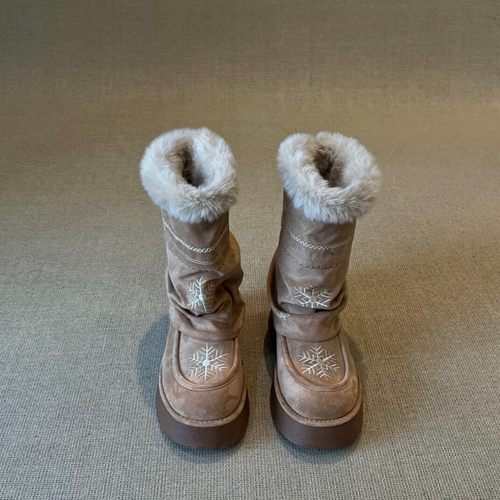 冬季加绒加厚毛绒长靴雪花刺绣图案女款厚底防寒保暖百搭时尚棉靴