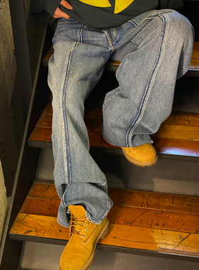 日单 oldpar克 男女同款拼接做旧直筒牛仔裤24