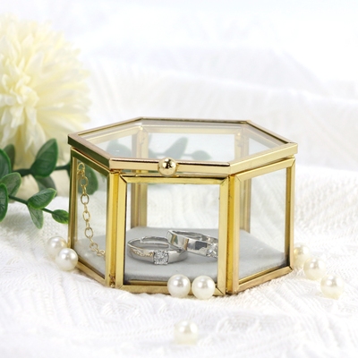 迷你欧式复古六角形婚礼戒指玻璃盒永生花开盖摆件珠宝首饰盒