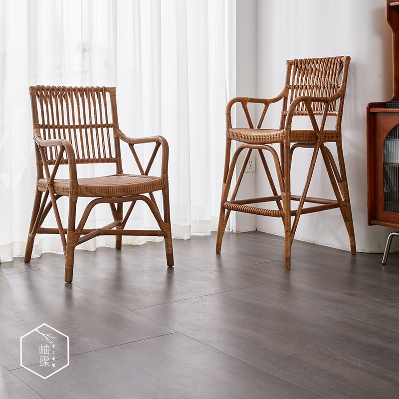 藤编吧台椅植物真藤高脚凳靠背餐椅中岛吧台凳复古阳台民宿咖啡厅