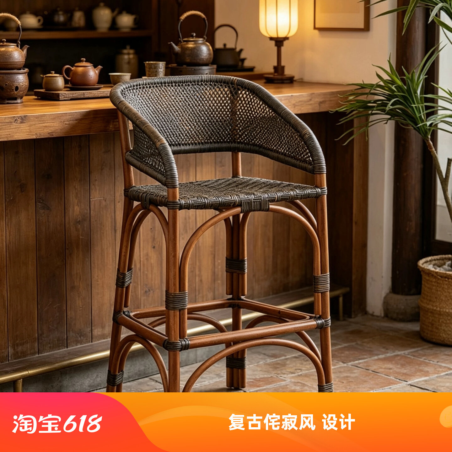 中古风藤编吧台椅家用高脚凳复古侘寂风前台岛台椅子网红款酒吧凳