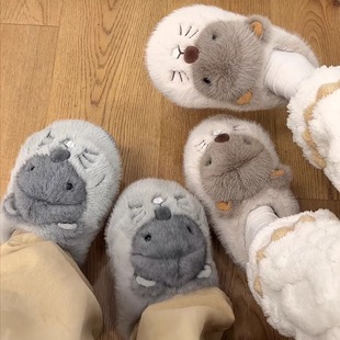 可爱土拨鼠棉拖鞋女士冬季2025新款室内家居毛绒保暖包跟情侣棉鞋