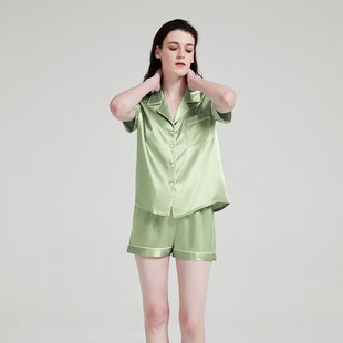 真丝睡衣短袖套装夏季桑蚕丝女士家居服短裤两件套睡衣牛油果绿