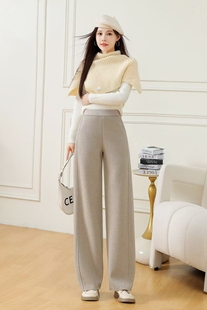 2025新款高腰阔腿直筒裤休闲裤加厚弯刀裤女裤羊毛呢长裤松紧腰