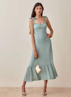 法国轻奢ref 薄荷绿色修身绑带系带吊带裙连衣裙雪纺荷叶边长裙