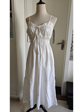 美国F21 白色纯色全棉布法式纯欲风抽褶皱收腰吊带裙连衣裙长裙