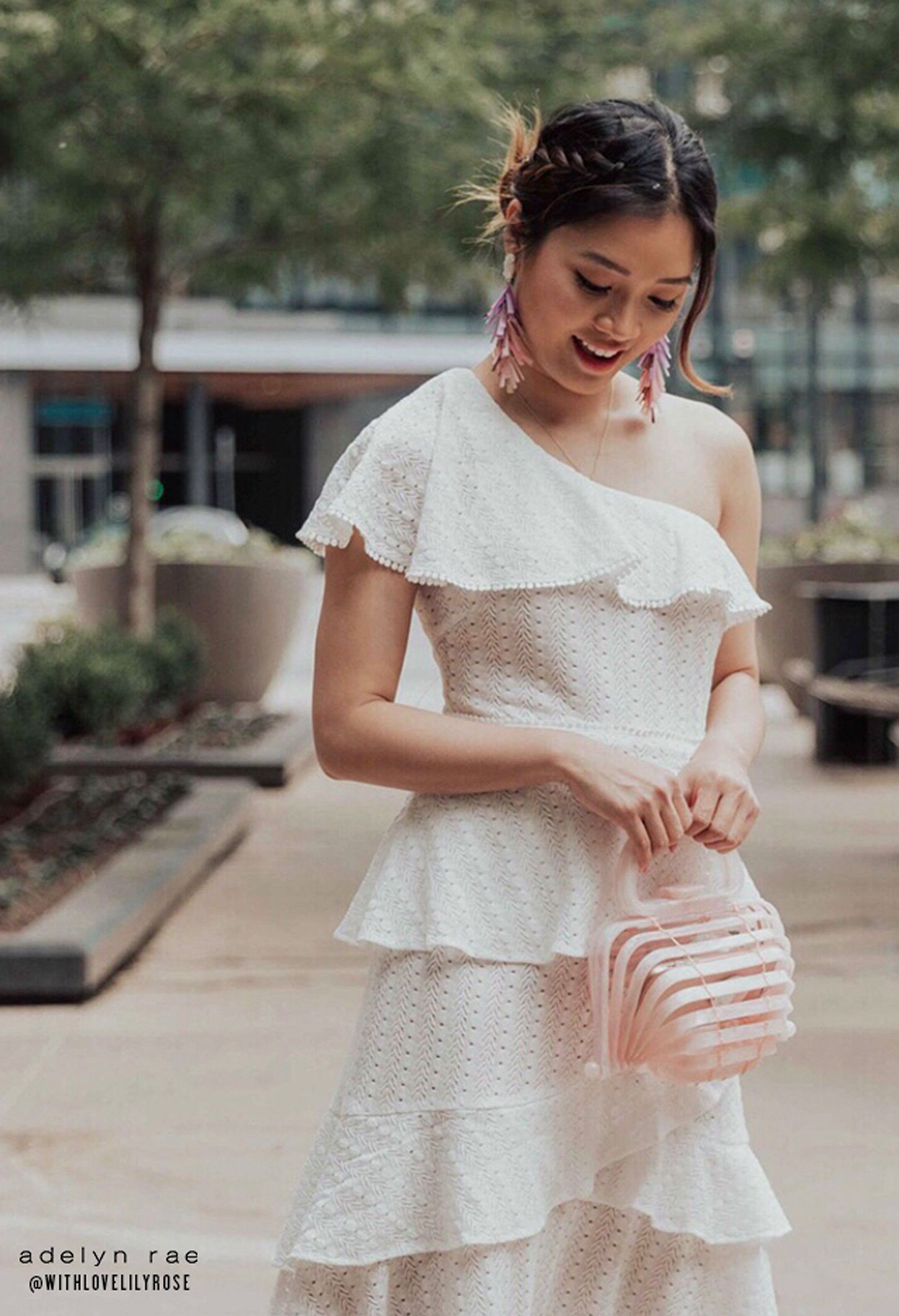 美国超仙白色针织钩花单肩连衣裙