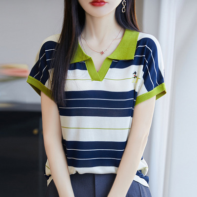 2026夏新款天丝莱赛尔打底衫大码女装针织上衣翻领条纹短袖t恤