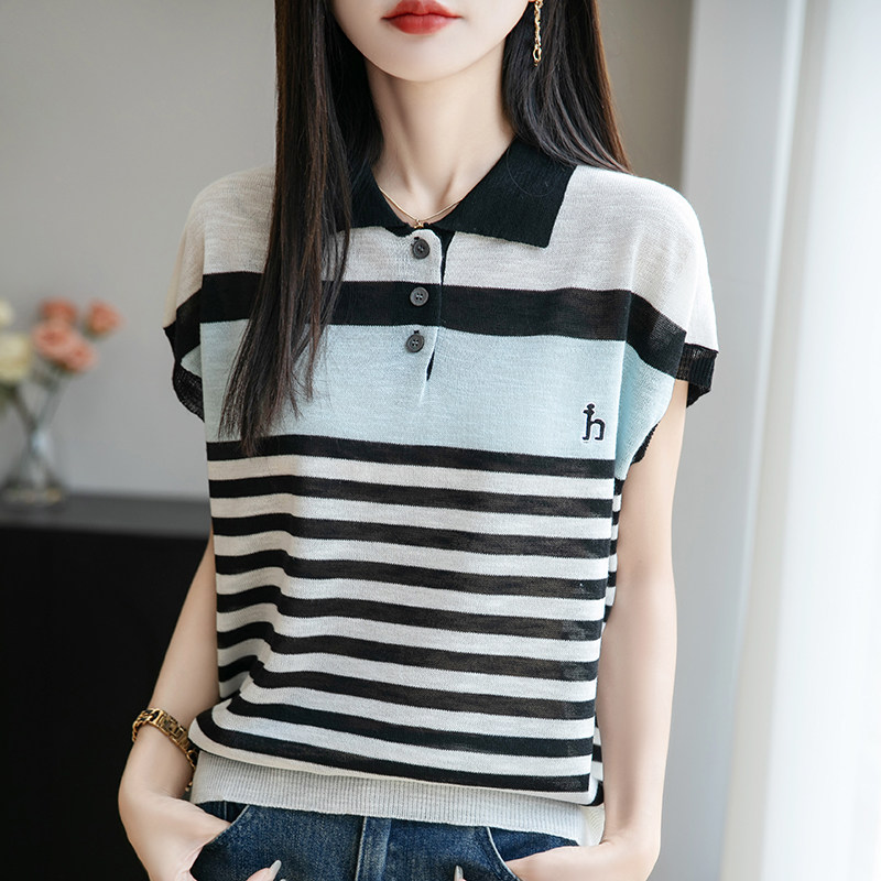 新款竹节刺绣翻领条纹针织短袖女夏季冰丝薄款套头休闲上衣针织衫