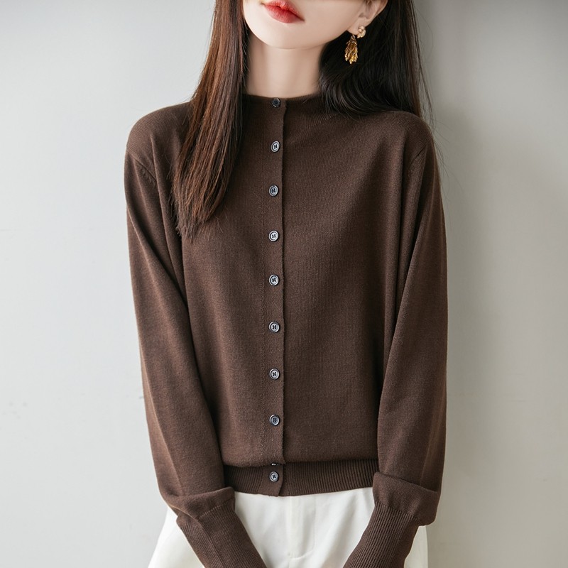 精纺羊毛半高领纽扣针织开衫女2025春秋款百搭保暖打底衫毛衣,女装/女士精品,毛针织衫,淘宝优惠券,粉丝福利购,淘宝优惠卷
