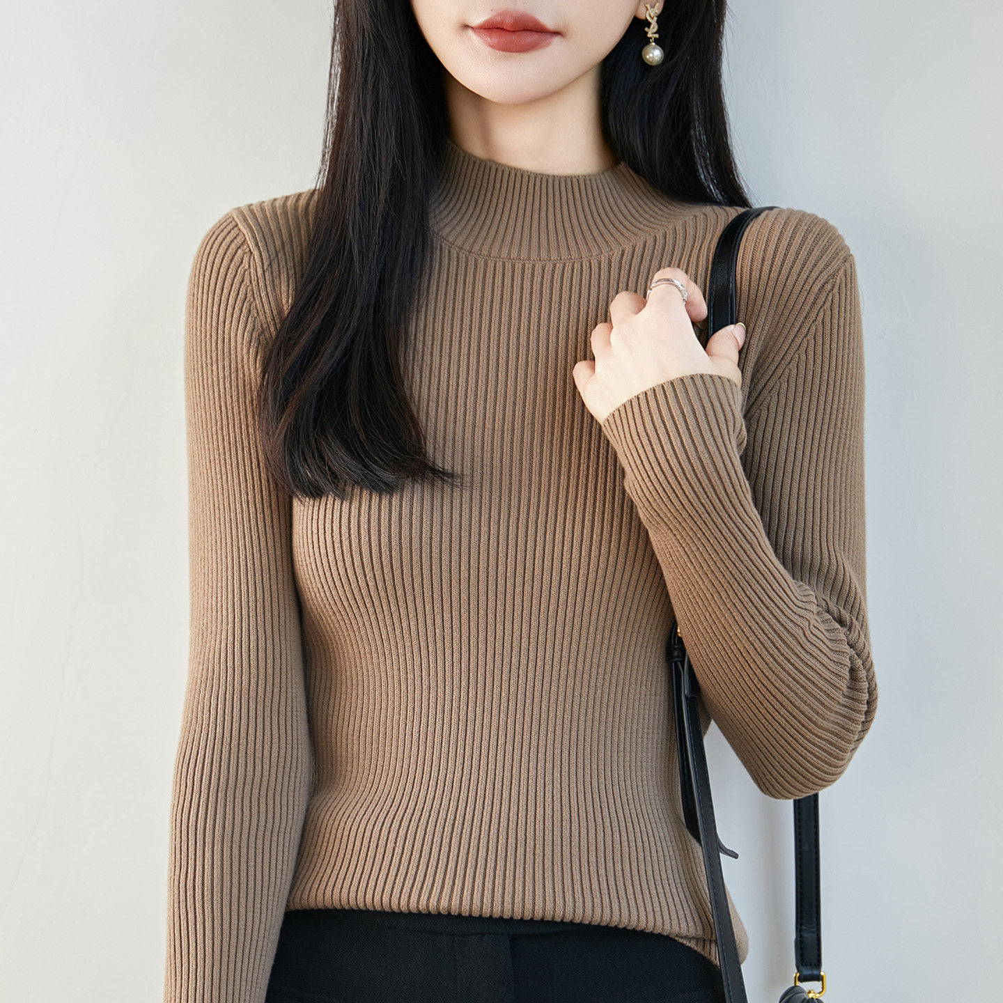 得体风半高领坑条针织衫女修身显瘦长袖打底衫温柔亲肤加厚毛衣