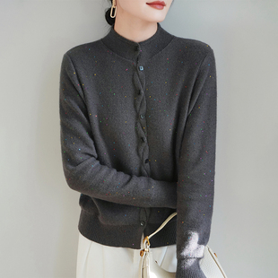 重工miu系珠片半高圆领针织开衫女外搭毛衣精纺毛衫格雷系上衣