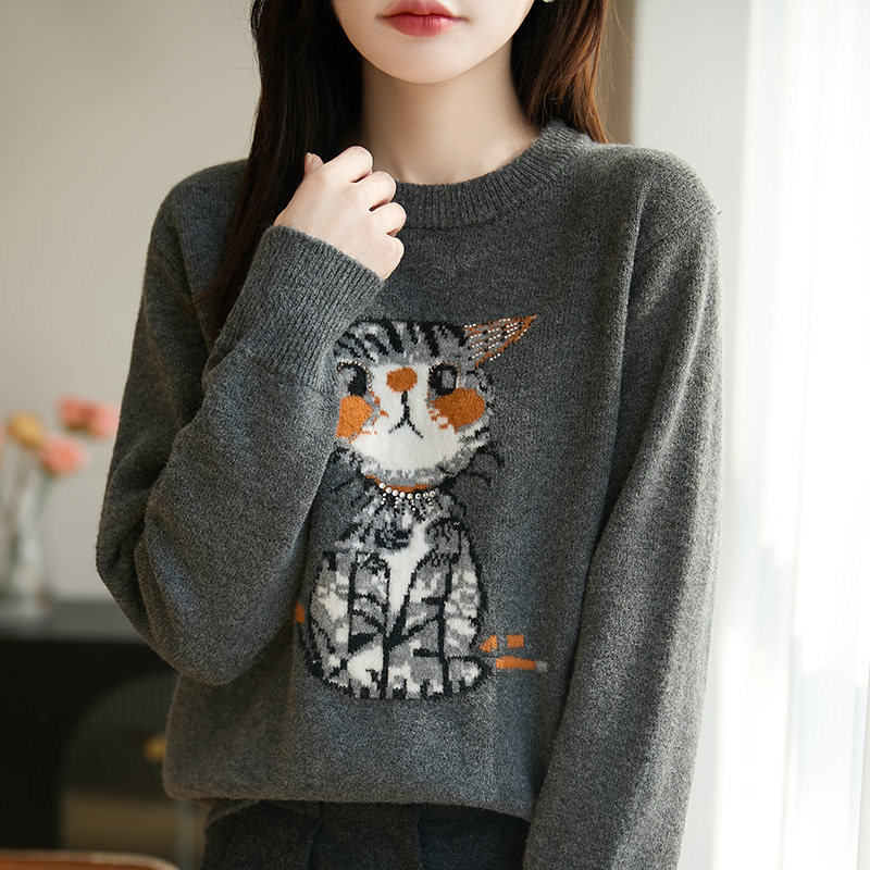 可爱卡通猫咪提花图案针织衫女长袖圆领加厚毛衣时尚上衣打底衫
