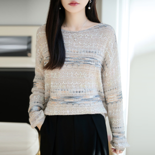 费尔岛风提花秋冬条纹海马毛针织衫女新款圆领宽松显瘦长袖毛衣
