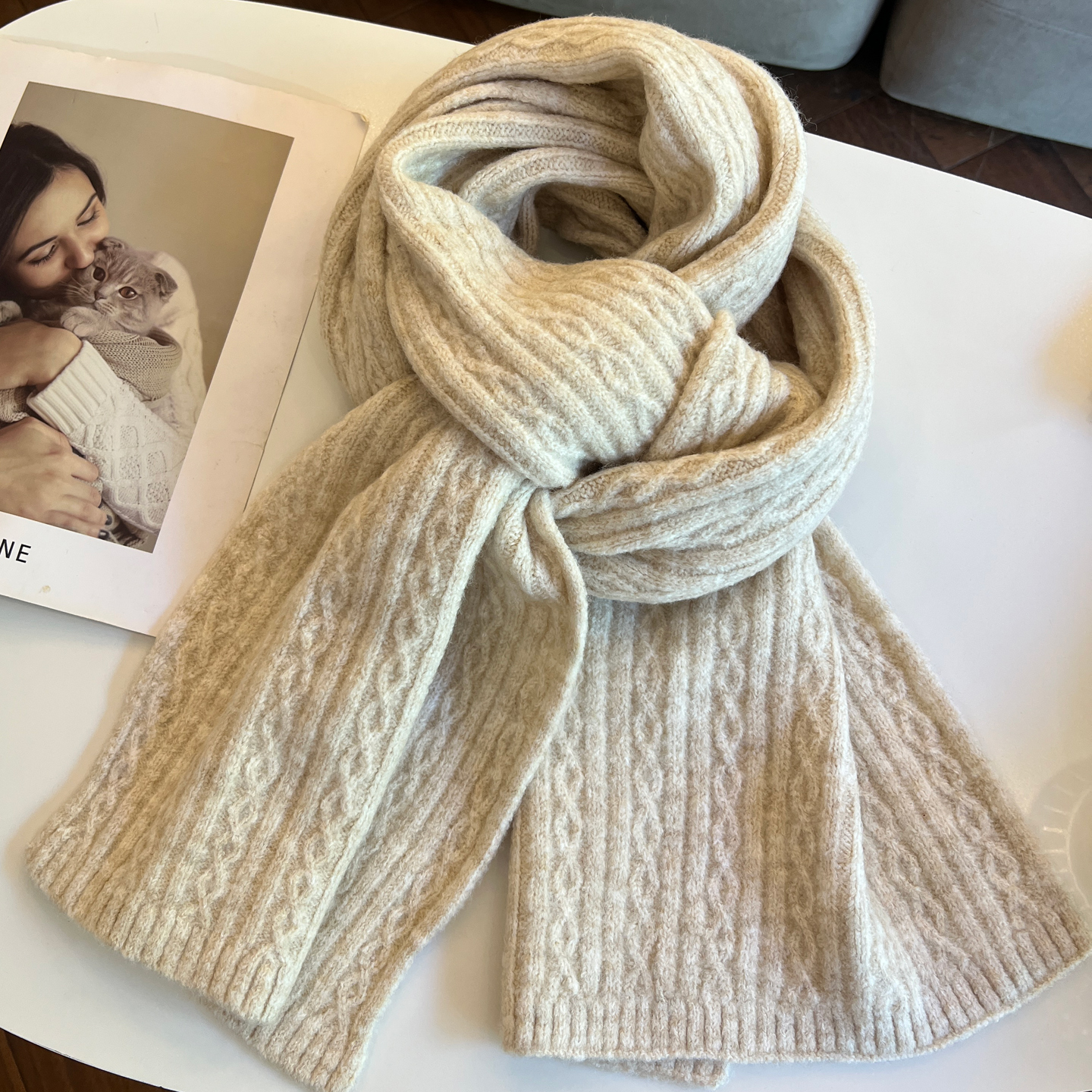 软糯米白色纯色围巾女冬季复古麻花保暖加厚针织毛线学院风围脖男