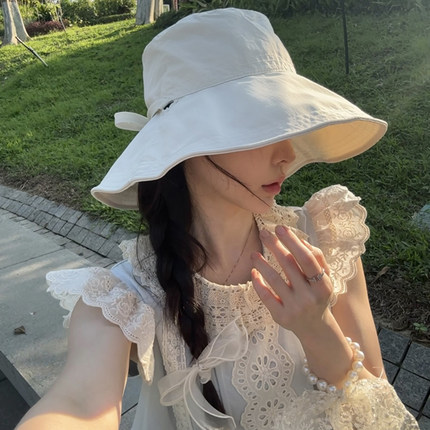 12CM大帽檐渔夫帽女夏季韩国防晒ins遮阳速干轻薄透气蝴蝶结盆帽