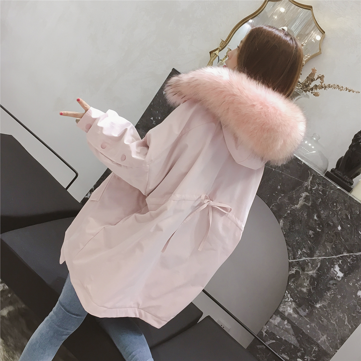 冬装2018新款韩版连帽大毛领粉色羽绒棉衣女装ifashion棉服外套