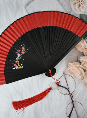 古风红色扇子中国风跳舞蹈折扇网红礼品古装典汉服布折叠小扇子夏