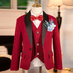 儿童红亮片西装套装舞台音乐晚会主持人花童礼服小男孩钢琴演出服