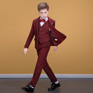 儿童酒红色小西服正装套装男童主持人走秀钢琴演出礼服英伦风外套