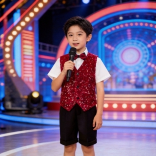 儿童亮片西装马甲套装男童英伦表演出服红色亮片主持人礼服三件套