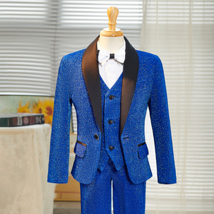 儿童西装套装男童闪亮片丝礼服蓝色西服晚会主持人钢琴演奏演出服