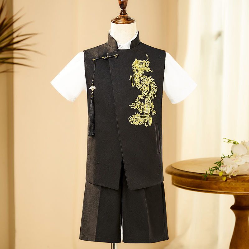 新中式男童西装马甲套装中国风儿童演出唐装西服青少年表演短袖裤