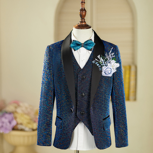 男童西装套装花童亮丝儿童主持人礼服英伦风男孩钢琴演出服藏青色