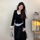 套装 2025春季 t恤女打底衫 超模裤 ins大码 休闲高级感蕾丝假两件长袖