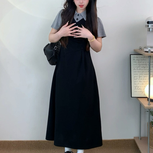 大码法式复古高级感连衣裙女夏季胖mm显瘦收腰长裙假两件短袖裙子