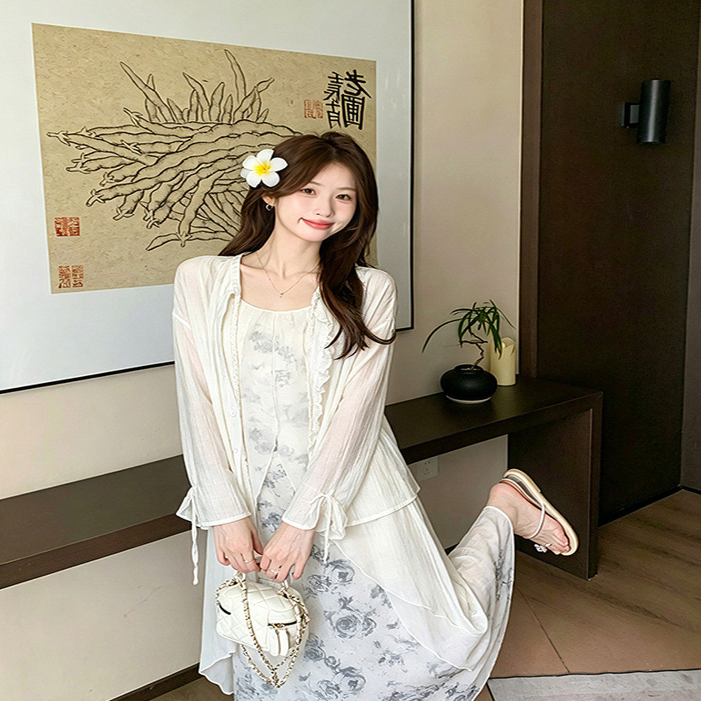 法式浪漫海边沙滩度假风碎花吊带裙女夏季针织开衫两件套装裙绝美
