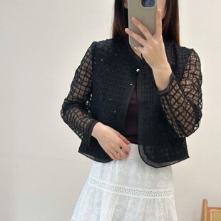 毛毛家韩版镂空网格透视短外套女小众设计感薄款防晒开衫外搭上衣