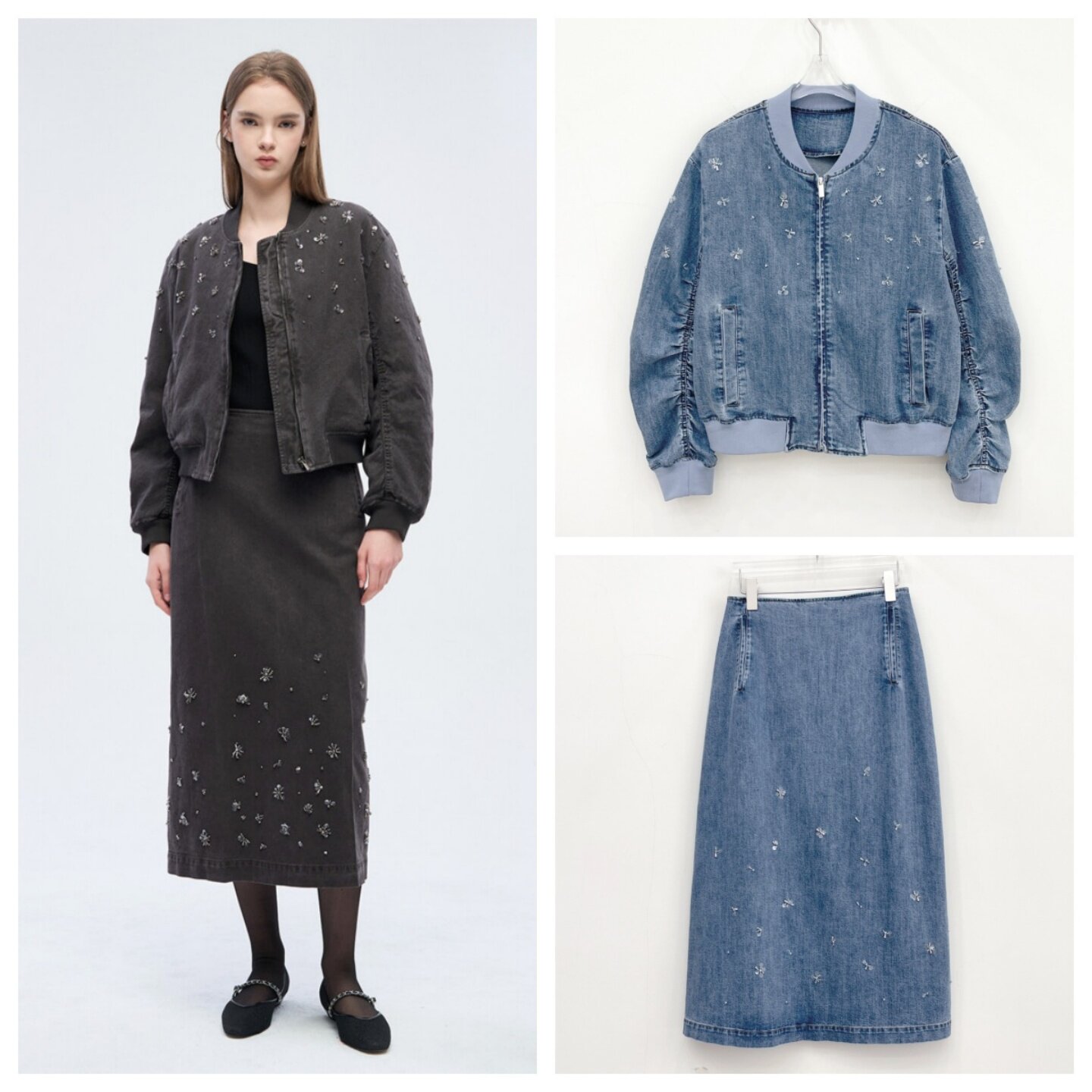 毛毛家韩国重工缝珠牛仔套装女 短款棒球服+开叉半裙两件套通勤装