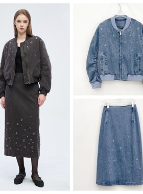 毛毛家缝珠棒球服半裙牛仔套装女