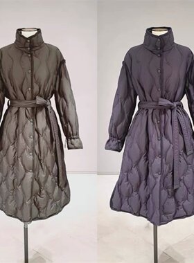 韩国大美夏立领腰带保暖长羽绒服