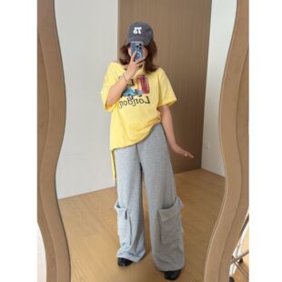 Q了个T微胖定制 直筒口袋卫裤松紧腰休闲阔腿长裤