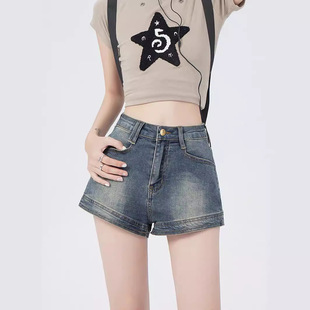 美式复古牛仔短裤女夏季薄款外穿高腰紧身弹力a字超短辣妹热裤子