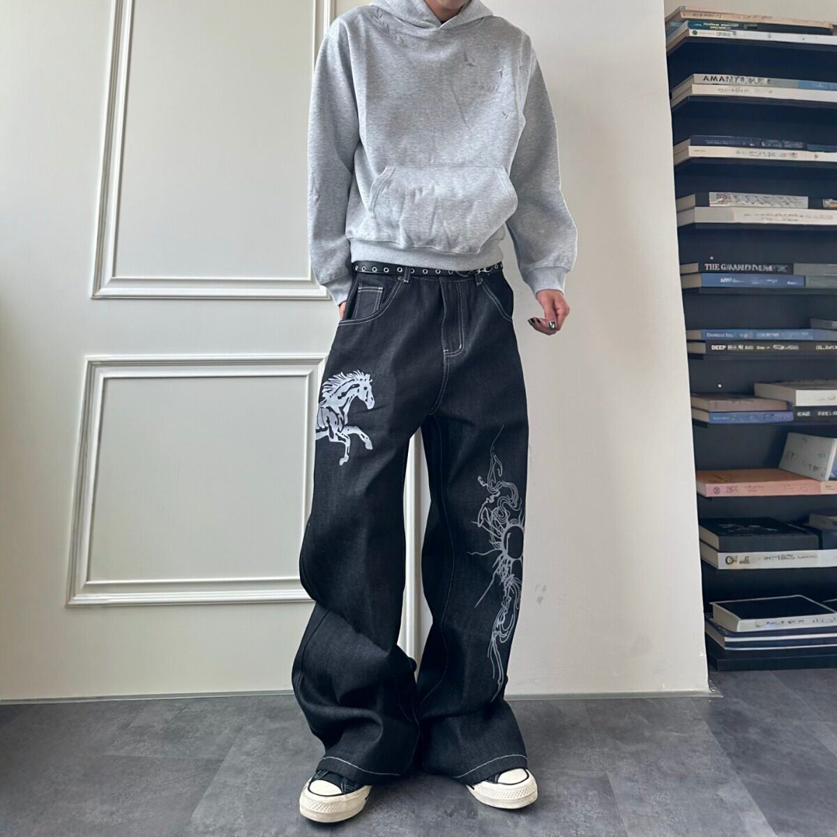 美式高街复古赤马印花原牛A字直筒牛仔裤男女痞帅阔腿拖地长裤子